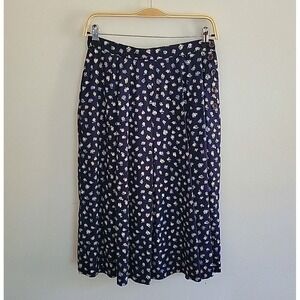 Herman Geist Pleated Midi Skirt 10 Navy Blue Floral‎ Cottagecore Dark Academia